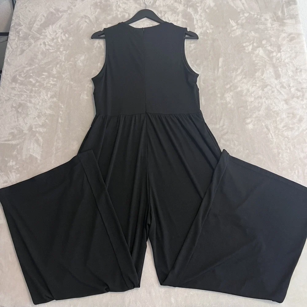 Cider Jumpsuit Womens XL Black Wide Leg Ribbed Stretch Minimalist Travel Comfort
